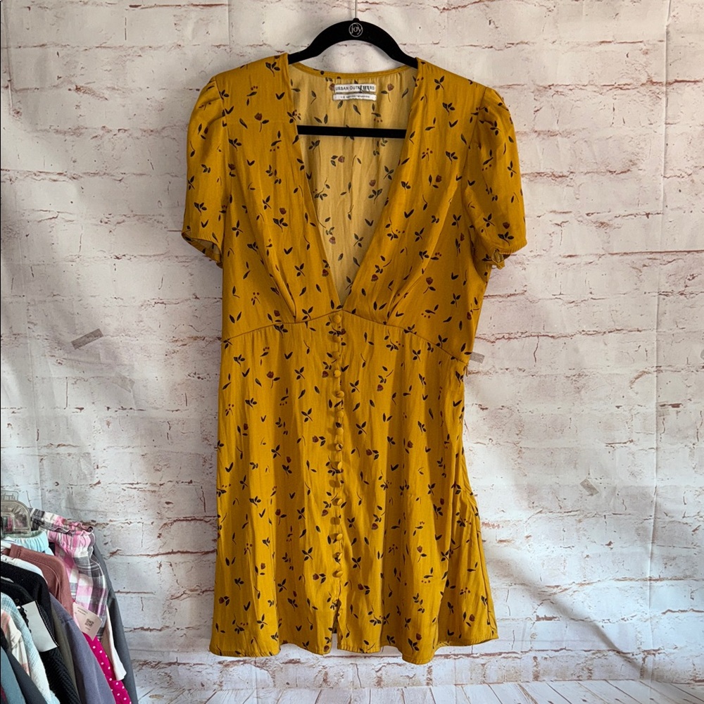 UO Jen Button-Down Mini Dress Mustard Floral Mini Dress short sleeve gathered